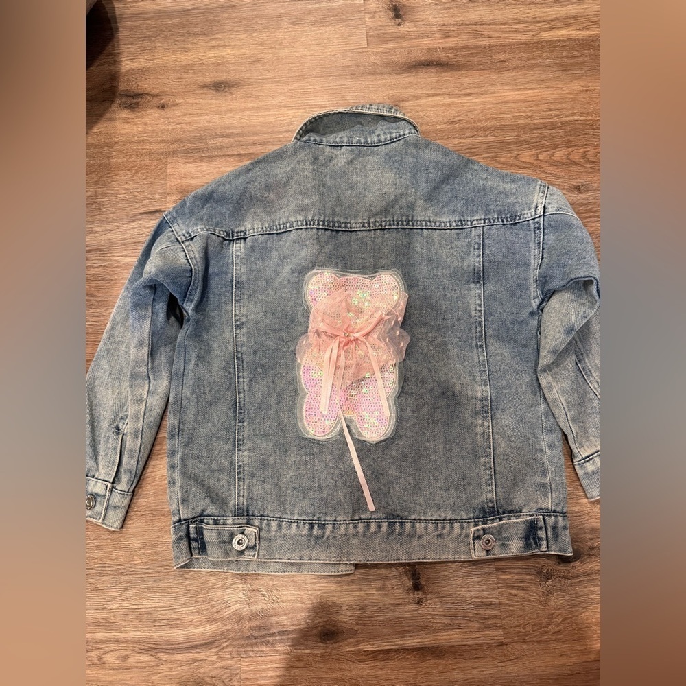 Girls Sequin Bear Oversized Jean Jacket